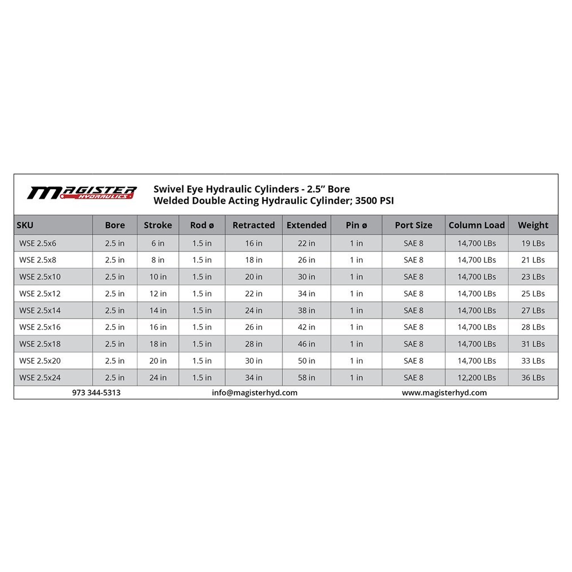 Magister 2.5" bore x 16" stroke swivel eye hydraulic cylinder WSE 2.5x16